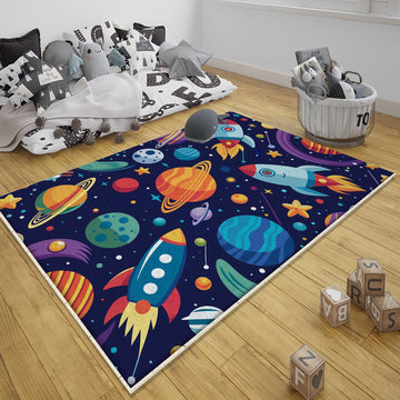 Space Galaxy Planets Kids Nursery Room Rug, Cute Washable Non-Slip Rug Gift For Kids, Baby Room Gift, Kids Room Decor with pillow case gift