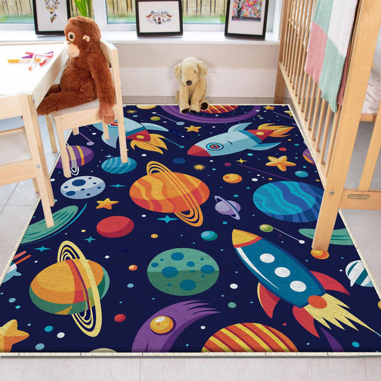 Round Space Planets Kids Nursery Room Rug, Cute Washable Non-Slip Rug Gift For Kids, Baby Room Gift, Kids Room Decor with pillow case gift