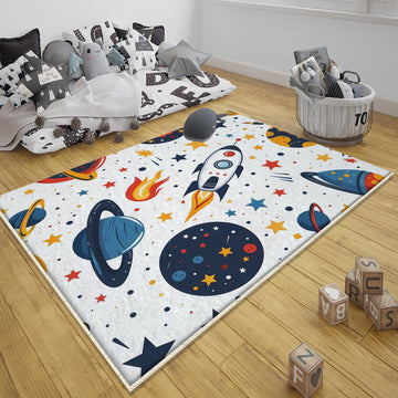 Galaxy Spaceship Planets Kids Nursery Room Rug, Washable Non-Slip Rug Gift For Kids, Baby Room Gift, Kids Room Decor with pillow case gift