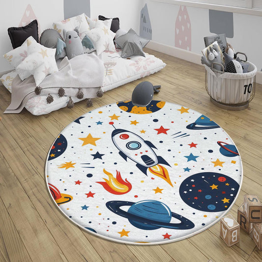 Round Galaxy Space Planets Kids Nursery Room Rug, Washable Non-Slip Rug Gift For Kids, Baby Room Gift, Kids Room Decor with pillow case gift