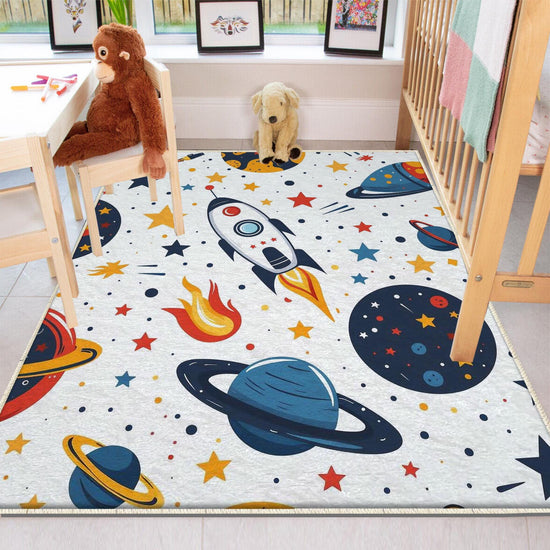 Round Galaxy Space Planets Kids Nursery Room Rug, Washable Non-Slip Rug Gift For Kids, Baby Room Gift, Kids Room Decor with pillow case gift