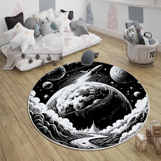 Round Black White Space Planets Moon Kids Nursery Room Rug, Washable Non-Slip Rug Gift For Kids, Baby Kids Room Decor with pillow case gift