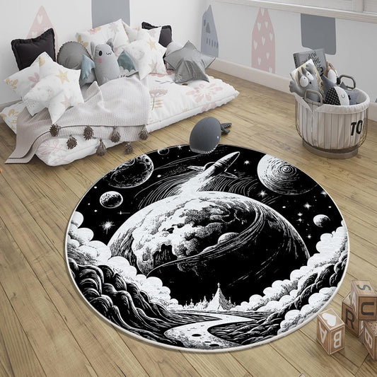 Round Black White Space Planets Moon Kids Nursery Room Rug, Washable Non-Slip Rug Gift For Kids, Baby Kids Room Decor with pillow case gift