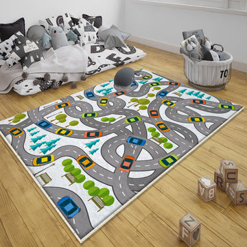 City Road Kids Play Mat, Car Road Nursery Rug, Traffic Activity Rug, Anti-Slip Toddler Rug, Washable Playroom Carpet with pillow case gift
