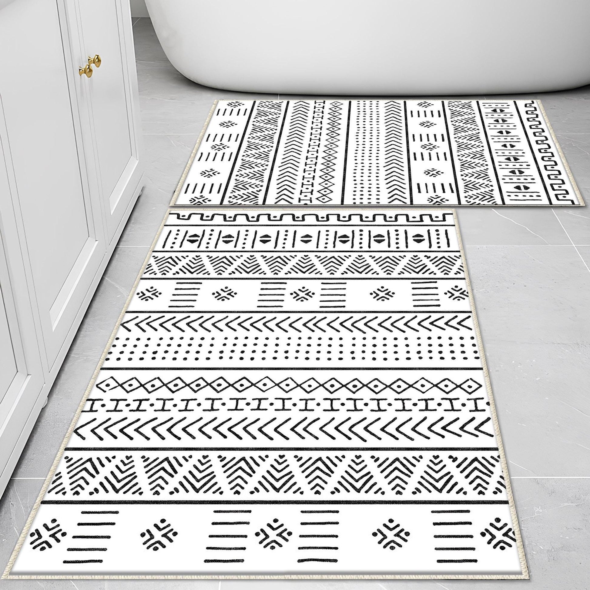 Black White Aztec Boho Bathroom Rug Non Slip Quick Dry Bath Mat - Tribal Bohemian Geometric Floral Toilet Mat, Soft Washable Modern Decor