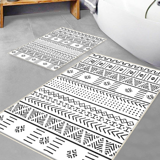 Black White Aztec Boho Bathroom Rug Non Slip Quick Dry Bath Mat - Tribal Bohemian Geometric Floral Toilet Mat, Soft Washable Modern Decor