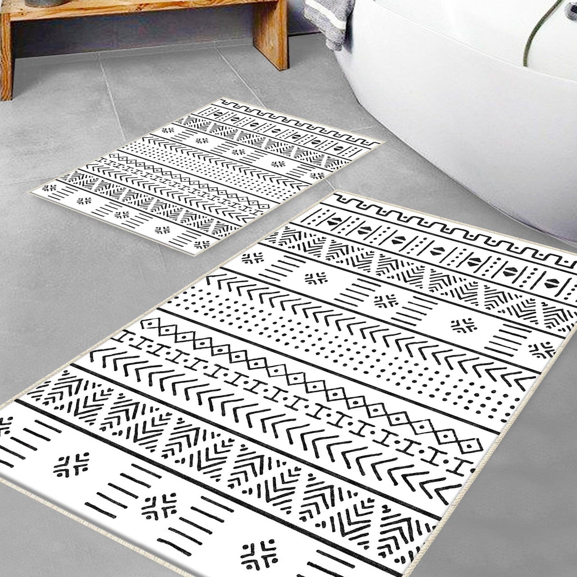 Black White Aztec Boho Bathroom Rug Non Slip Quick Dry Bath Mat - Tribal Bohemian Geometric Floral Toilet Mat, Soft Washable Modern Decor