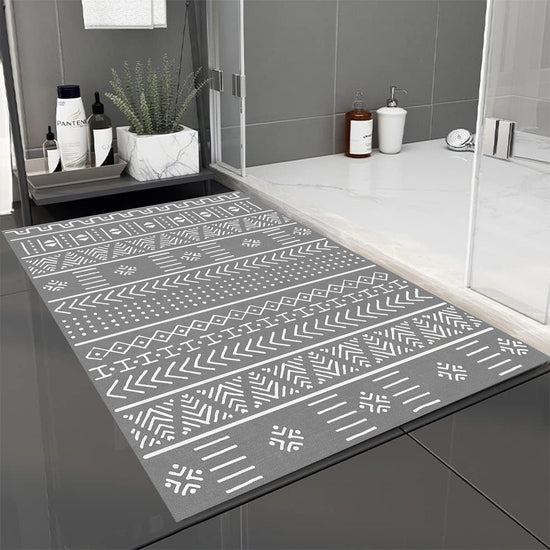 Gray White Aztec Boho Bathroom Rug Non Slip Quick Dry Bath Mat - Tribal Bohemian Geometric Floral Toilet Mat, Soft Washable Modern Decor