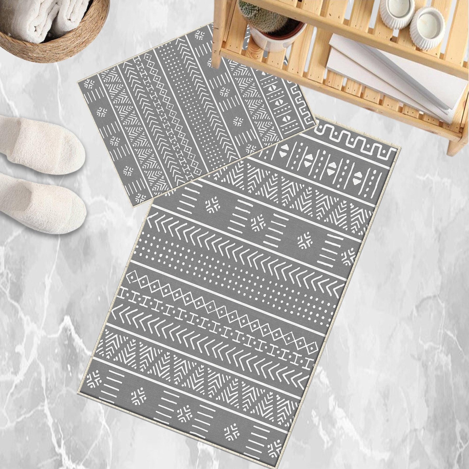 Gray White Aztec Boho Bathroom Rug Non Slip Quick Dry Bath Mat - Tribal Bohemian Geometric Floral Toilet Mat, Soft Washable Modern Decor
