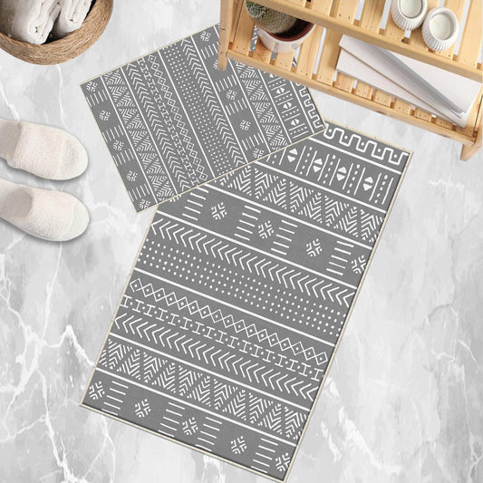 Gray White Aztec Boho Bathroom Rug Non Slip Quick Dry Bath Mat - Tribal Bohemian Geometric Floral Toilet Mat, Soft Washable Modern Decor