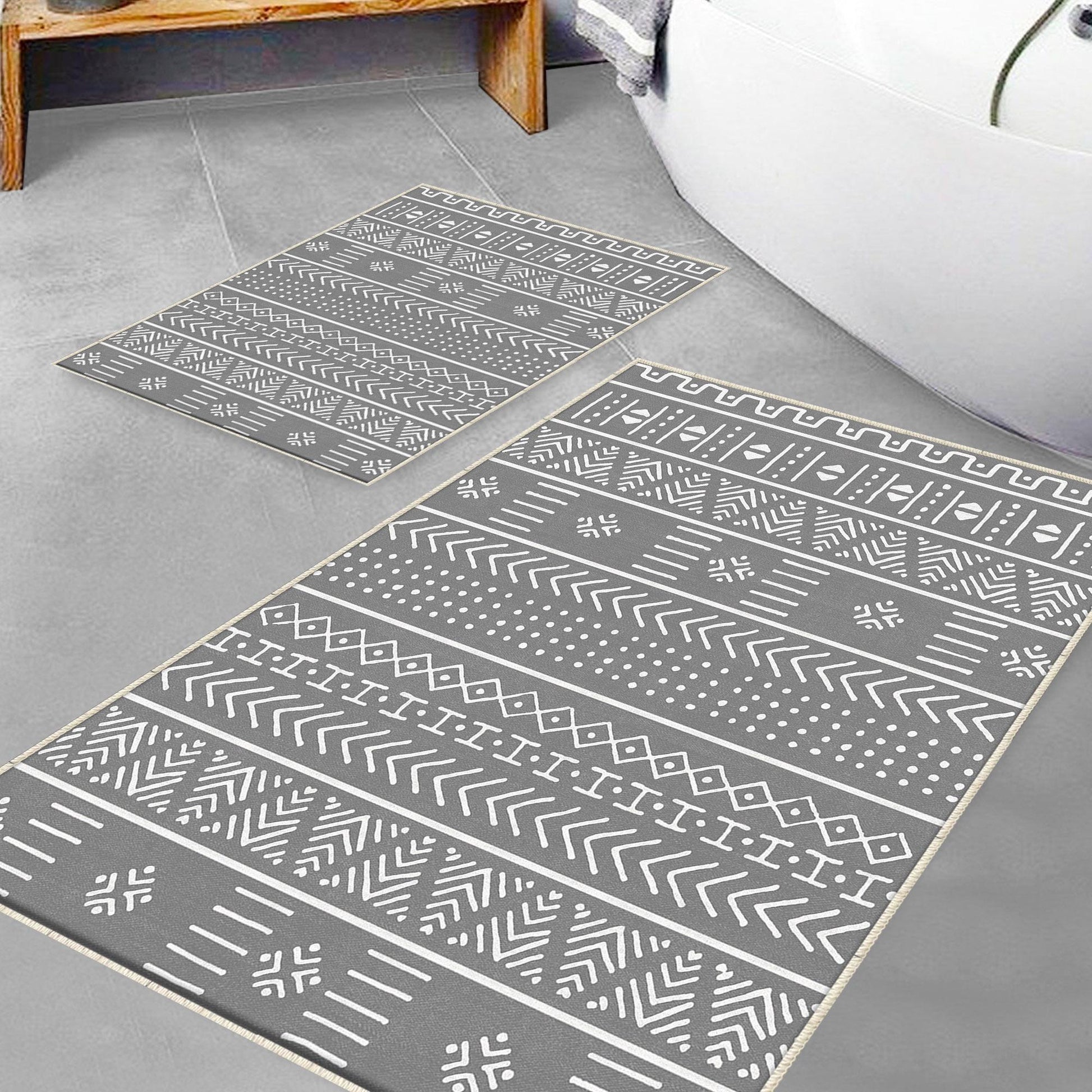 Gray White Aztec Boho Bathroom Rug Non Slip Quick Dry Bath Mat - Tribal Bohemian Geometric Floral Toilet Mat, Soft Washable Modern Decor