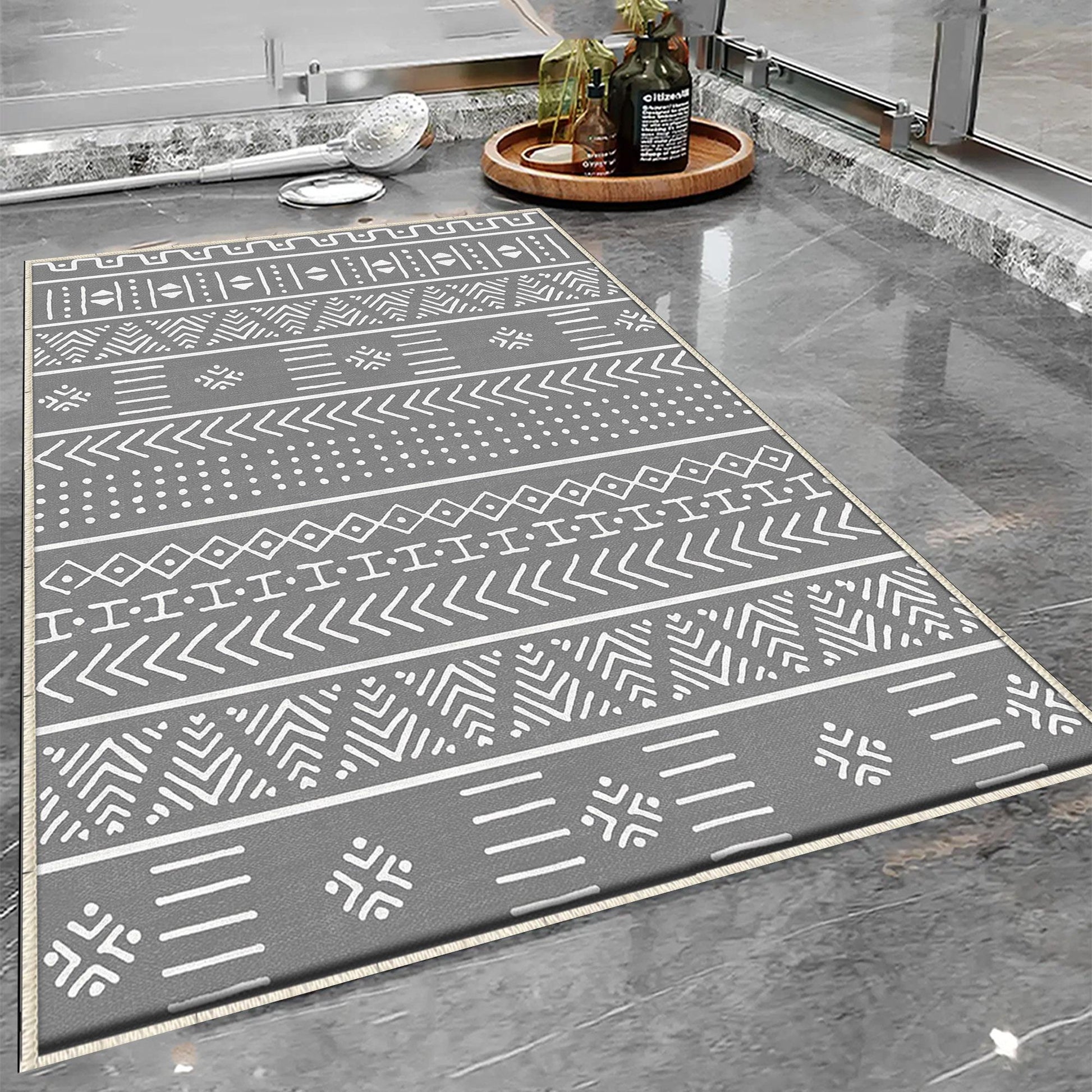 Gray White Aztec Boho Bathroom Rug Non Slip Quick Dry Bath Mat - Tribal Bohemian Geometric Floral Toilet Mat, Soft Washable Modern Decor