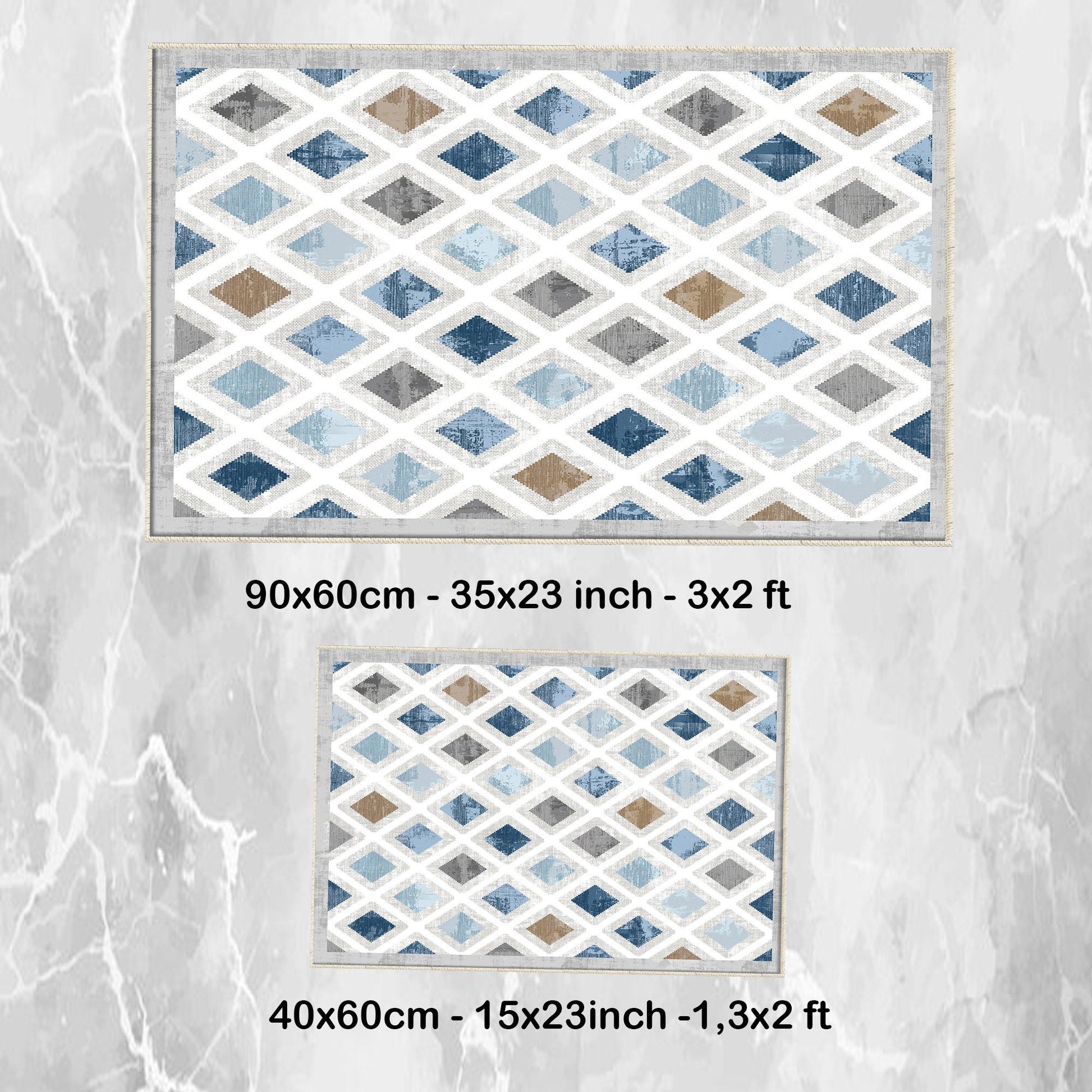 Blue Gray Brown Tiles Bathroom Rug Non Slip Quick Dry Bath Mat - Geometric Toilet Mat, Soft Washable Modern Decor