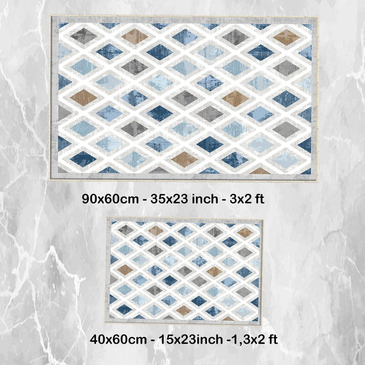 Blue Gray Brown Tiles Bathroom Rug Non Slip Quick Dry Bath Mat - Geometric Toilet Mat, Soft Washable Modern Decor