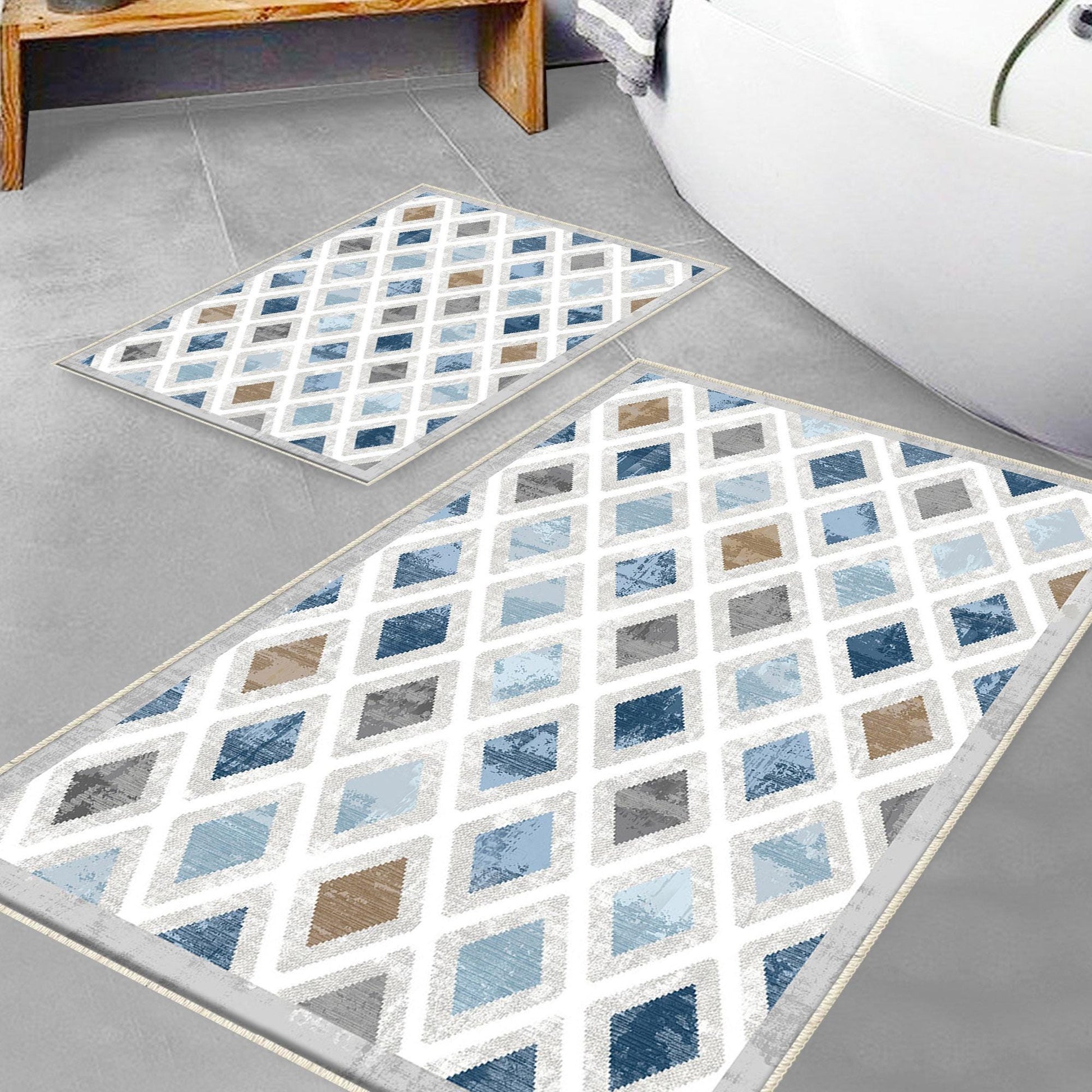 Blue Gray Brown Tiles Bathroom Rug Non Slip Quick Dry Bath Mat - Geometric Toilet Mat, Soft Washable Modern Decor