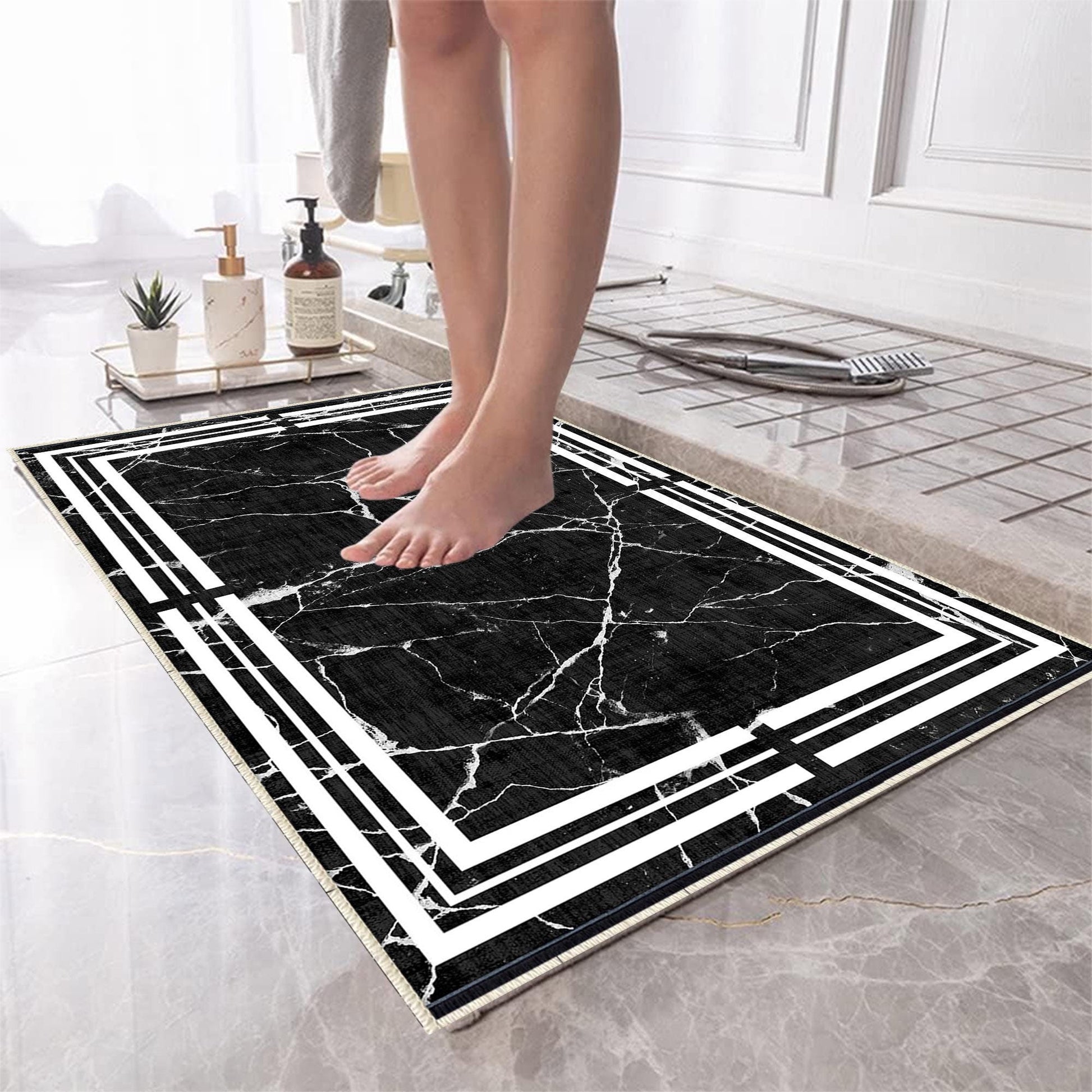 Black White Marble Border Lines Bathroom Rug Non Slip Quick Dry Bath Mat - Geometric Toilet Mat, Soft Washable Modern Decor