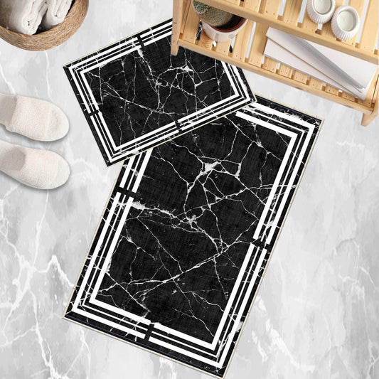 Black White Marble Border Lines Bathroom Rug Non Slip Quick Dry Bath Mat - Geometric Toilet Mat, Soft Washable Modern Decor