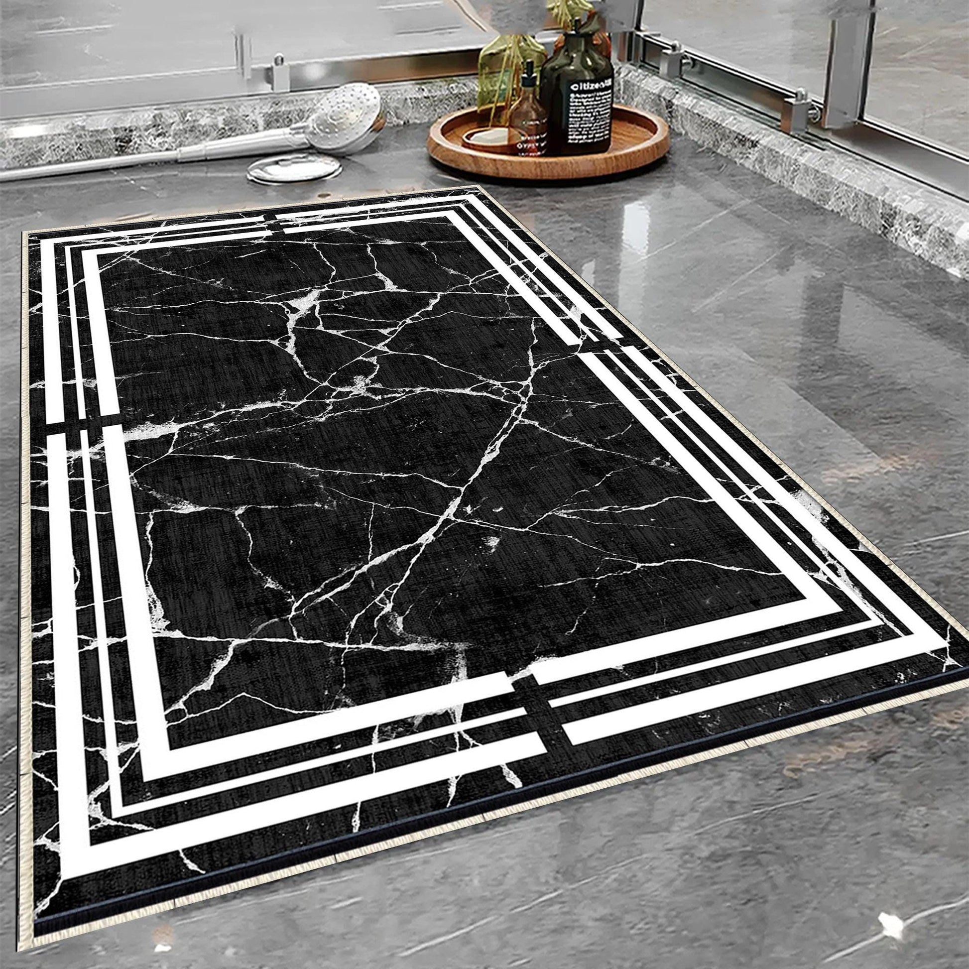 Black White Marble Border Lines Bathroom Rug Non Slip Quick Dry Bath Mat - Geometric Toilet Mat, Soft Washable Modern Decor