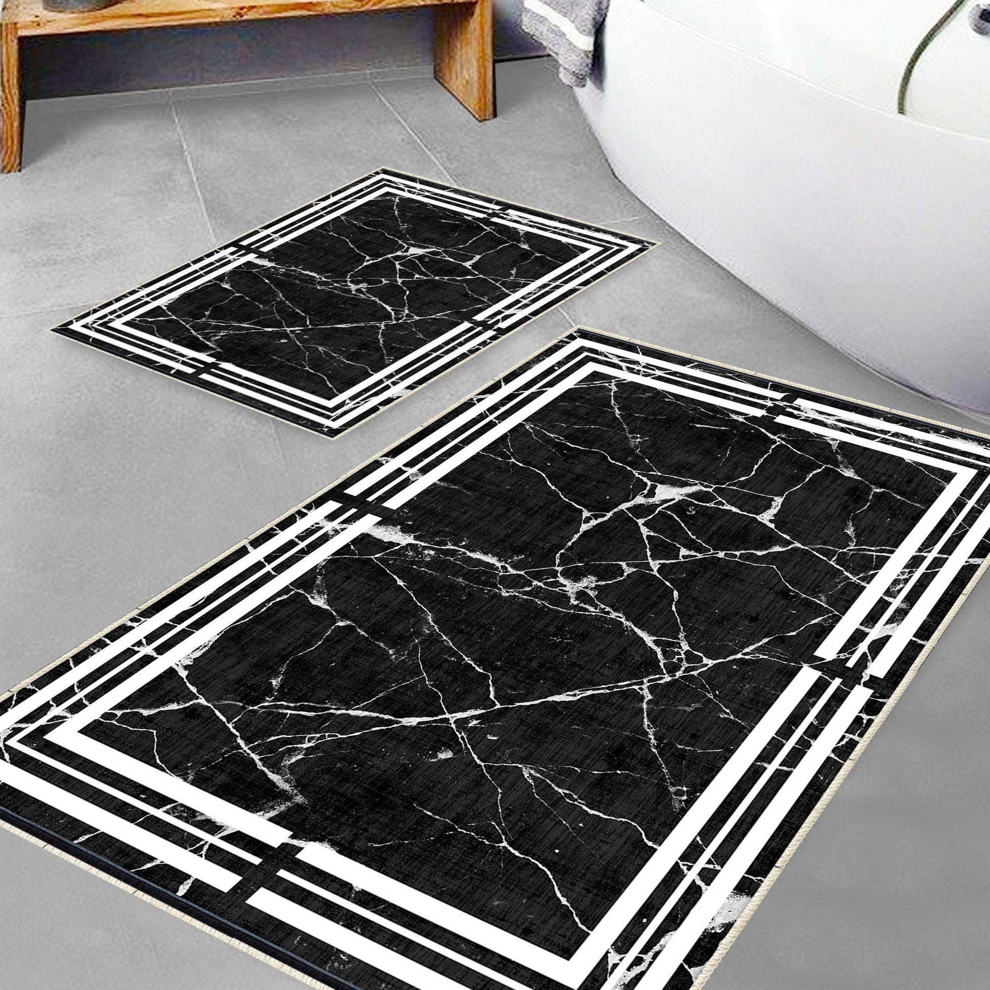Black White Marble Border Lines Bathroom Rug Non Slip Quick Dry Bath Mat - Geometric Toilet Mat, Soft Washable Modern Decor