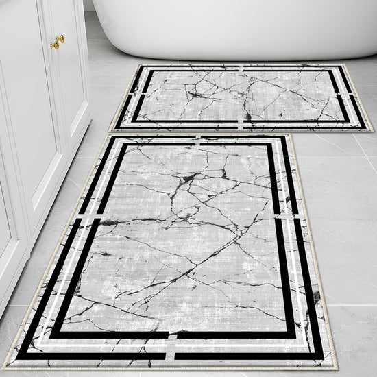 Gray White Black Marble Border Lines Bathroom Rug Non Slip Quick Dry Bath Mat - Geometric Toilet Mat, Soft Washable Modern Decor