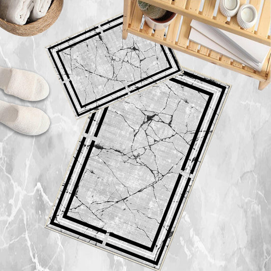 Gray White Black Marble Border Lines Bathroom Rug Non Slip Quick Dry Bath Mat - Geometric Toilet Mat, Soft Washable Modern Decor