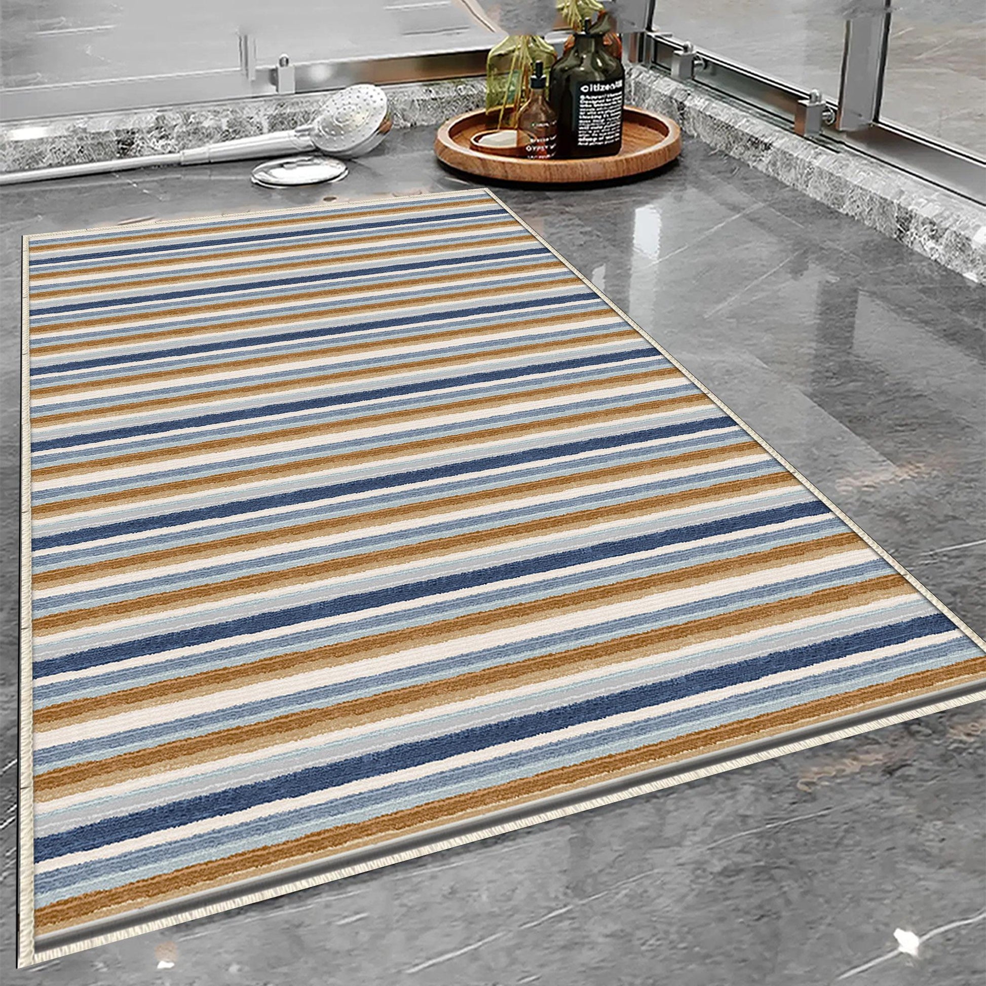 Brown Navy Blue Lines Bathroom Rug Non Slip Quick Dry Bath Mat - Geometric Toilet Mat, Soft Washable Modern Decor