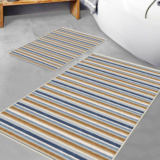 Brown Navy Blue Lines Bathroom Rug Non Slip Quick Dry Bath Mat - Geometric Toilet Mat, Soft Washable Modern Decor