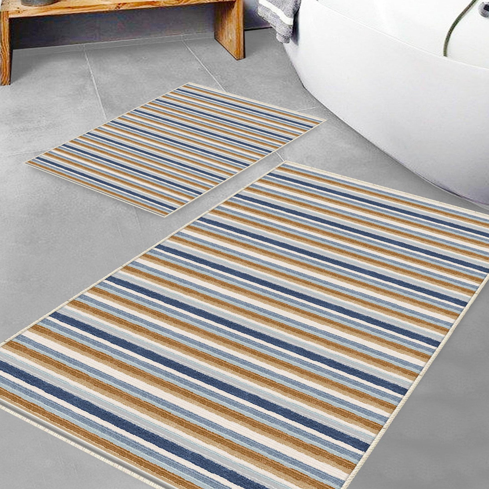 Brown Navy Blue Lines Bathroom Rug Non Slip Quick Dry Bath Mat - Geometric Toilet Mat, Soft Washable Modern Decor