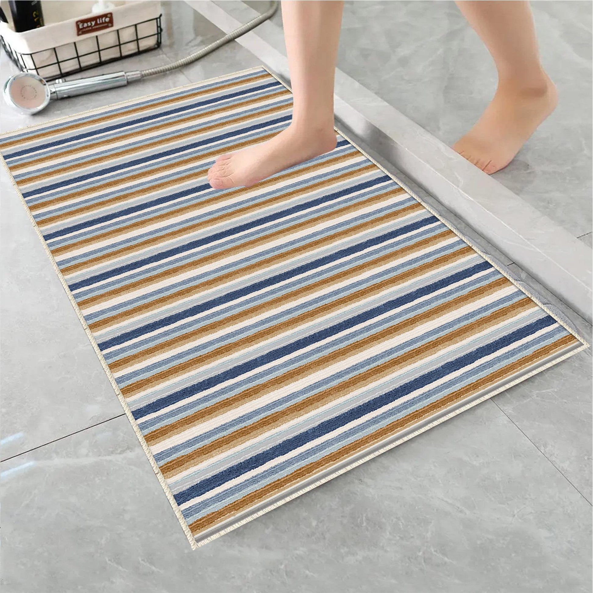 Brown Navy Blue Lines Bathroom Rug Non Slip Quick Dry Bath Mat - Geometric Toilet Mat, Soft Washable Modern Decor