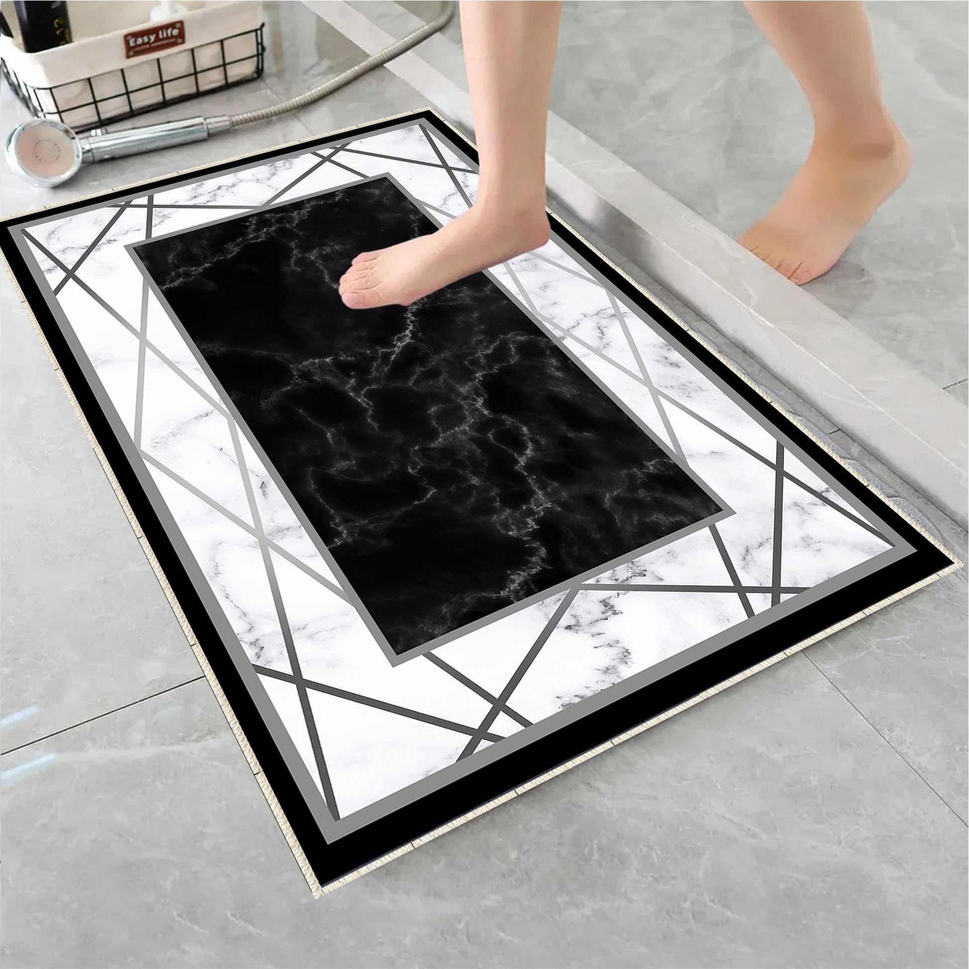 Black White Marble Design Bathroom Rug Non Slip Quick Dry Bath Mat - Geometric Toilet Mat, Soft Washable Modern Decor