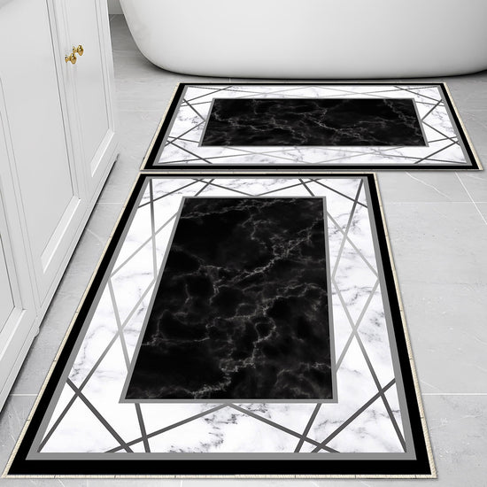 Black White Marble Design Bathroom Rug Non Slip Quick Dry Bath Mat - Geometric Toilet Mat, Soft Washable Modern Decor