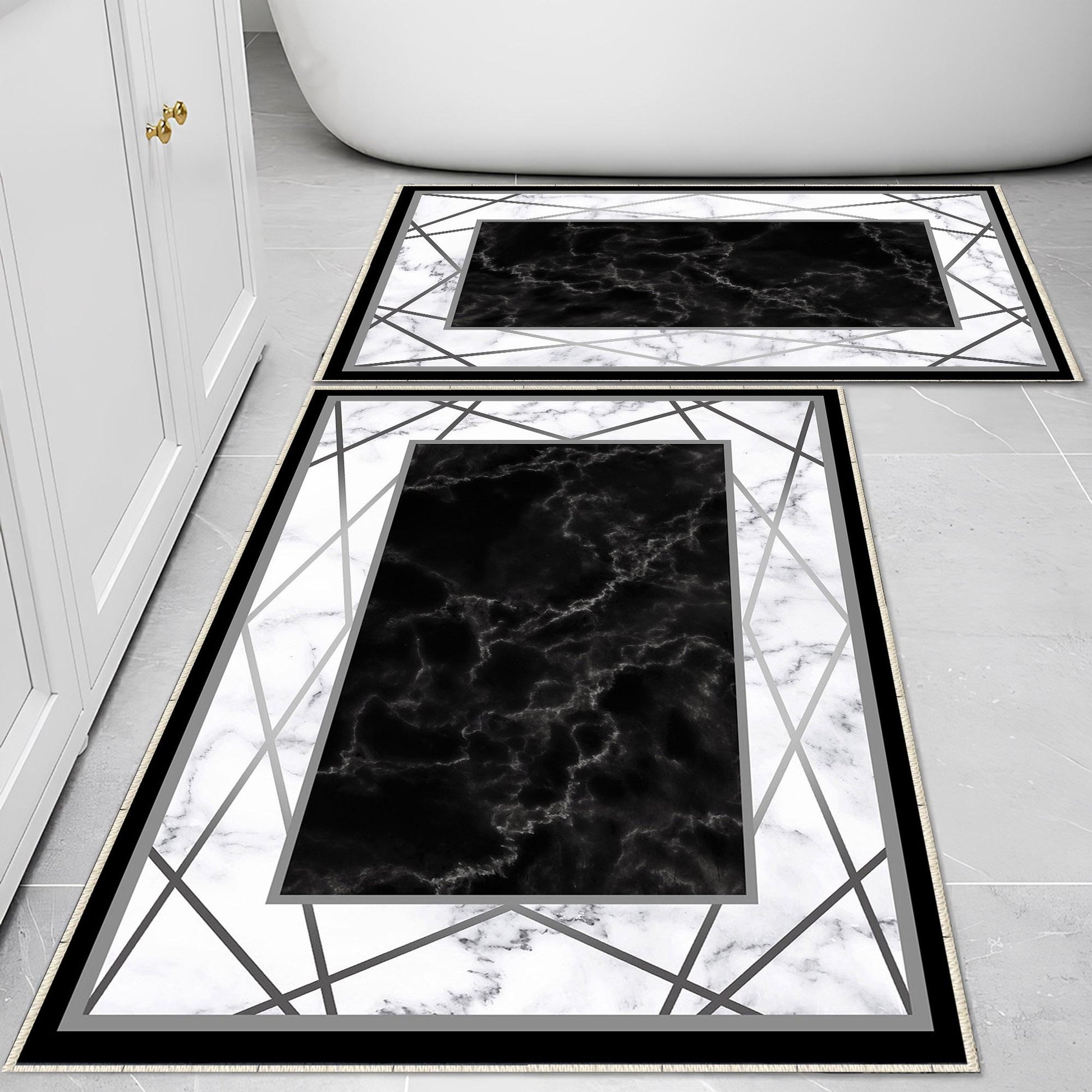 Black White Marble Design Bathroom Rug Non Slip Quick Dry Bath Mat - Geometric Toilet Mat, Soft Washable Modern Decor