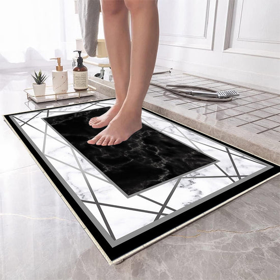 Black White Marble Design Bathroom Rug Non Slip Quick Dry Bath Mat - Geometric Toilet Mat, Soft Washable Modern Decor