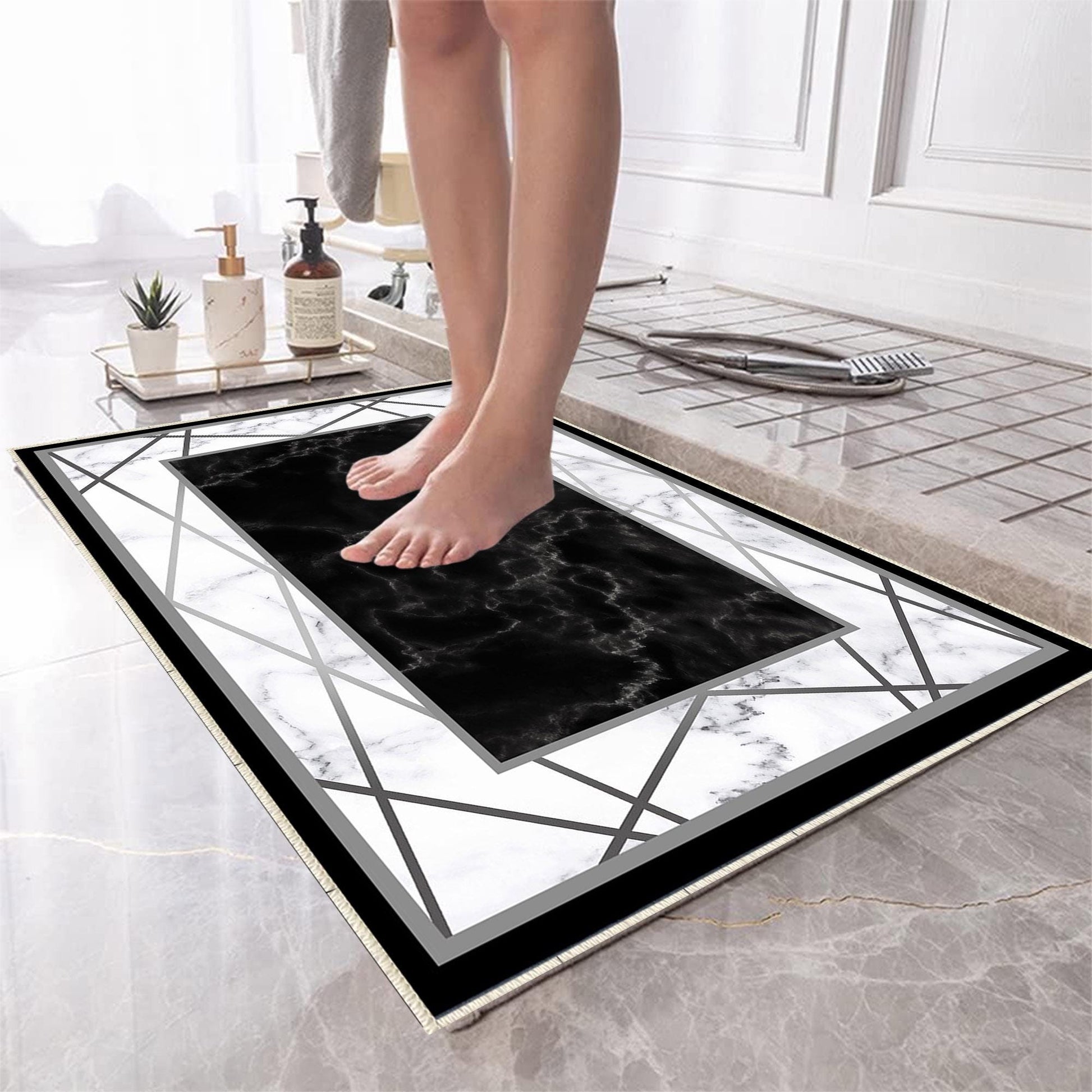 Black White Marble Design Bathroom Rug Non Slip Quick Dry Bath Mat - Geometric Toilet Mat, Soft Washable Modern Decor