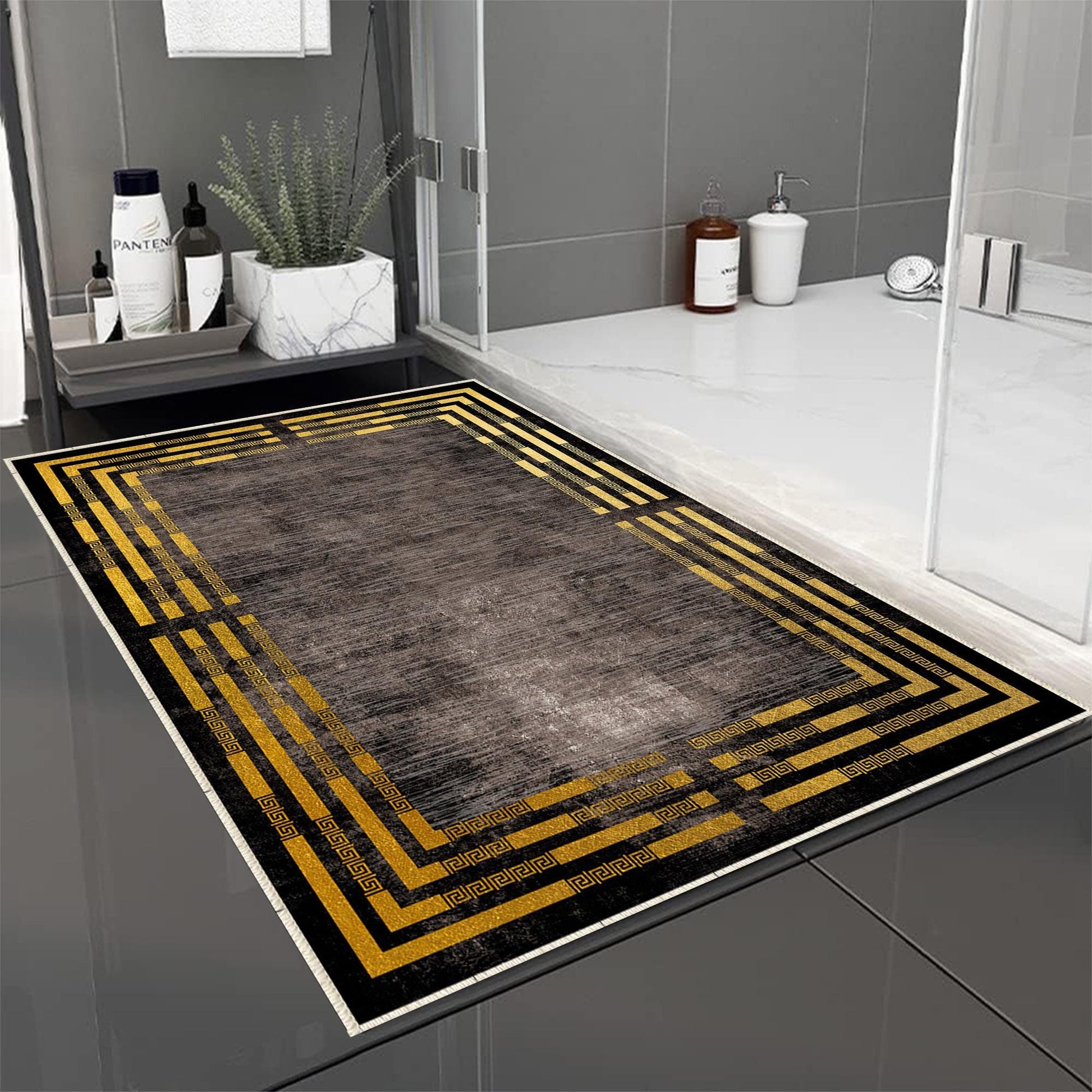 Brown Golden Lines Bathroom Rug Non Slip Quick Dry Bath Mat - Geometric Toilet Mat, Soft Washable Modern Decor