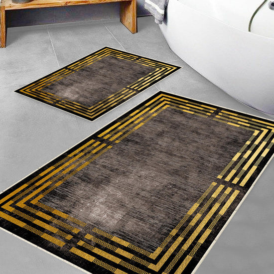 Brown Golden Lines Bathroom Rug Non Slip Quick Dry Bath Mat - Geometric Toilet Mat, Soft Washable Modern Decor