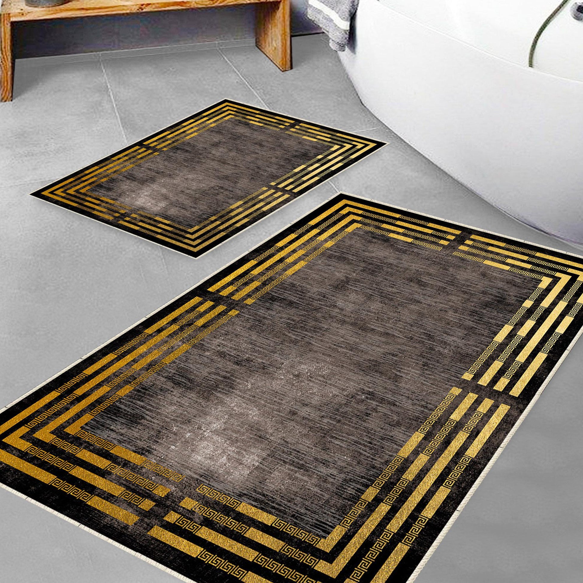 Brown Golden Lines Bathroom Rug Non Slip Quick Dry Bath Mat - Geometric Toilet Mat, Soft Washable Modern Decor
