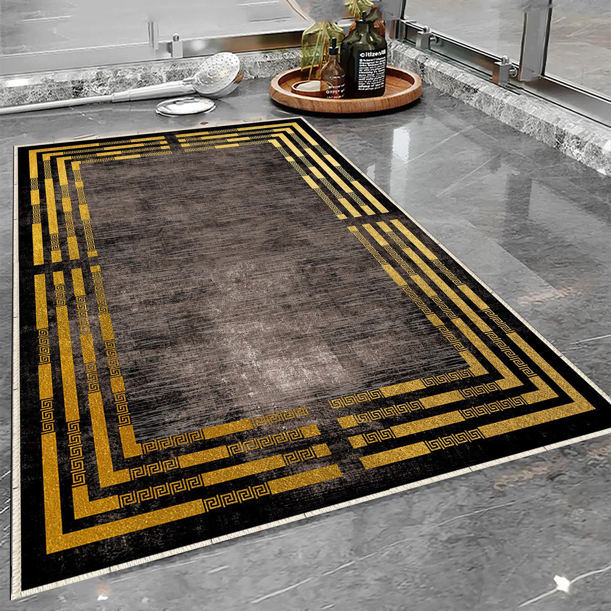 Brown Golden Lines Bathroom Rug Non Slip Quick Dry Bath Mat - Geometric Toilet Mat, Soft Washable Modern Decor