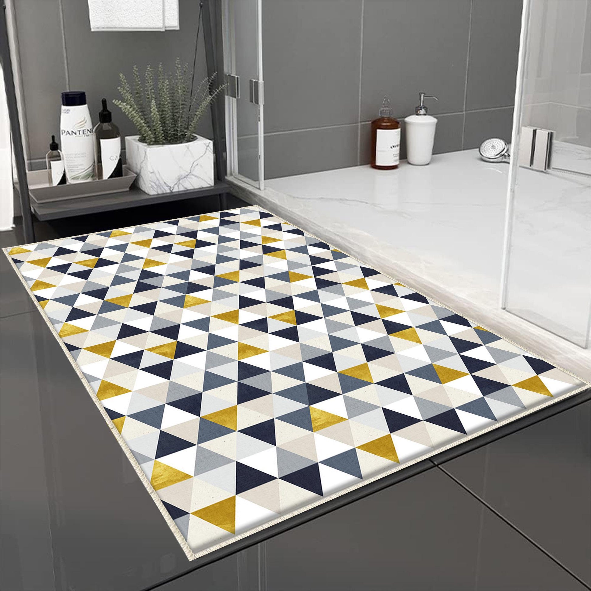 Yellow Gray Navu Blue Triangles Bathroom Rug Non Slip Quick Dry Bath Mat - Geometric Toilet Mat, Soft Washable Modern Decor