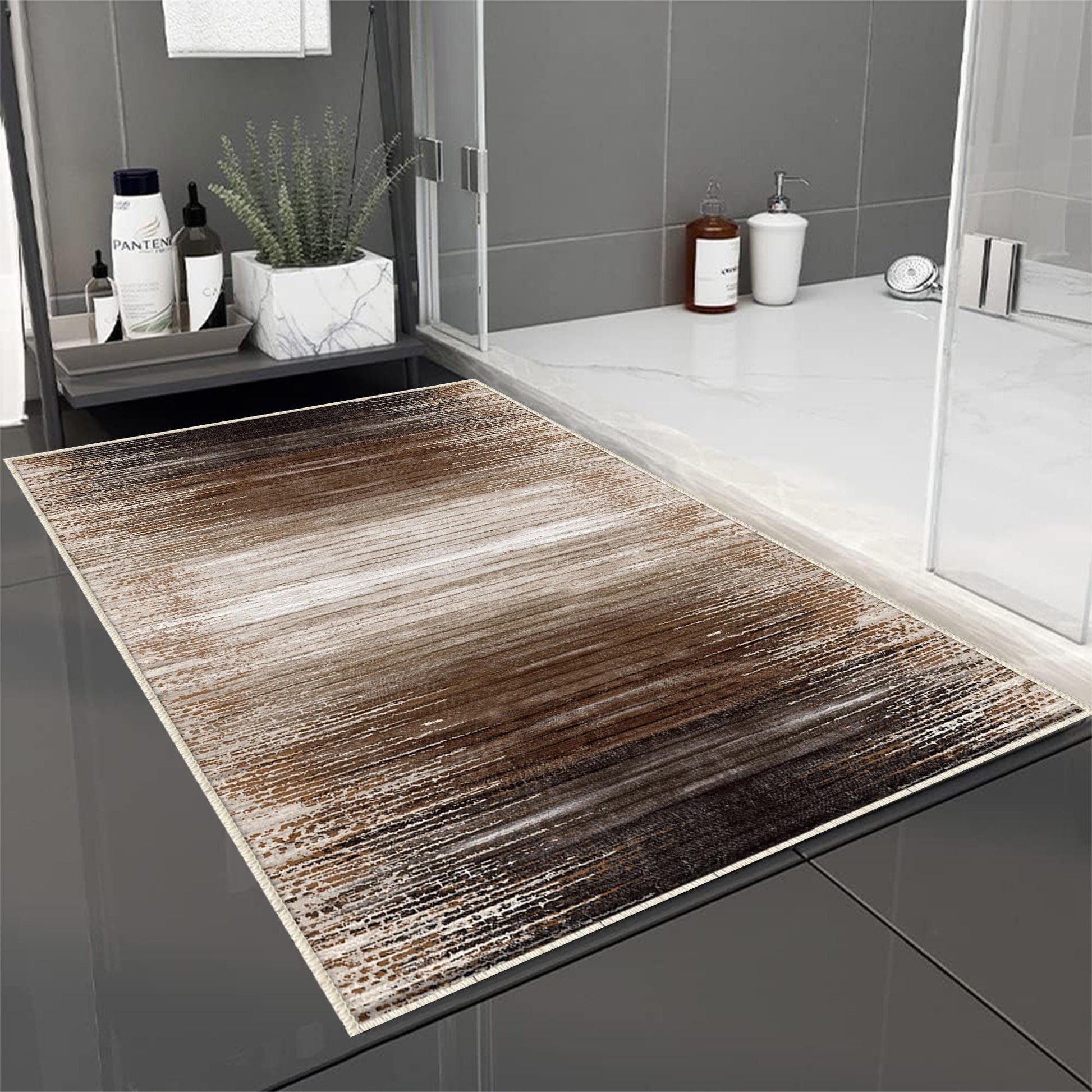 Brown Abstract Lines Bathroom Rug Non Slip Quick Dry Bath Mat - Geometric Toilet Mat, Soft Washable Modern Decor
