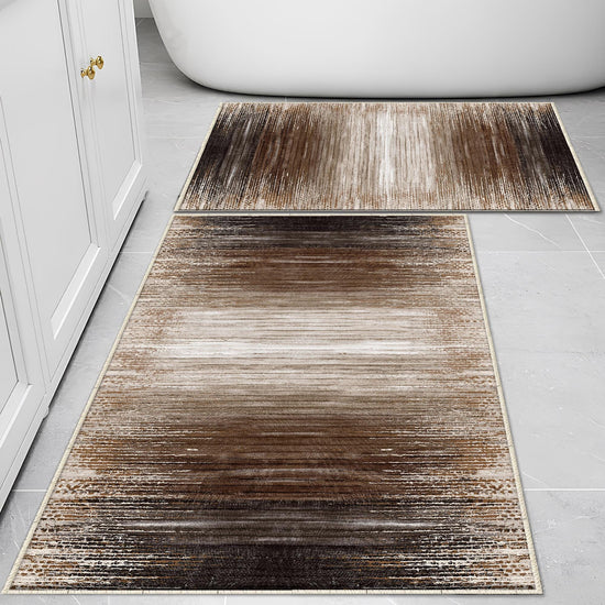 Brown Abstract Lines Bathroom Rug Non Slip Quick Dry Bath Mat - Geometric Toilet Mat, Soft Washable Modern Decor