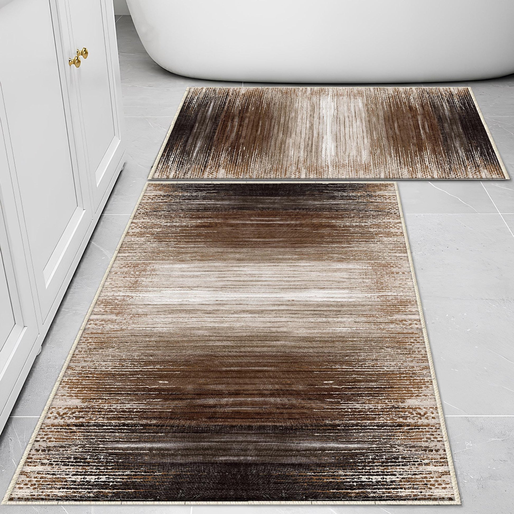 Brown Abstract Lines Bathroom Rug Non Slip Quick Dry Bath Mat - Geometric Toilet Mat, Soft Washable Modern Decor
