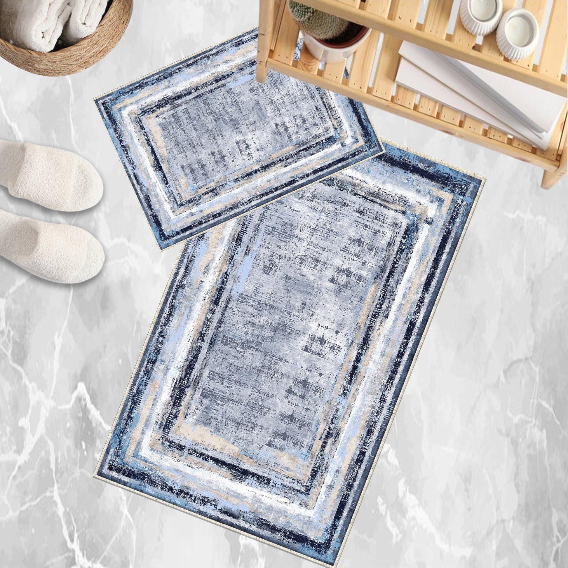 Blue White Retro Antiquing Border Line Bathroom Rug, Geometic Non Slip Quick Dry Bath Mat - Geometric Toilet Mat, Soft Washable Modern Decor
