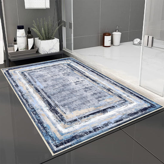 Blue White Retro Antiquing Border Line Bathroom Rug, Geometic Non Slip Quick Dry Bath Mat - Geometric Toilet Mat, Soft Washable Modern Decor