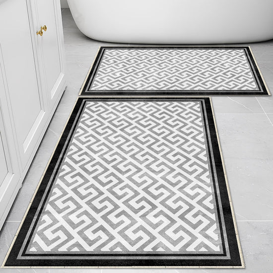 Black Border Gray Greek Key Bathroom Rug, Geometic Non Slip Quick Dry Bath Mat - Geometric Toilet Mat, Soft Washable Modern Decor
