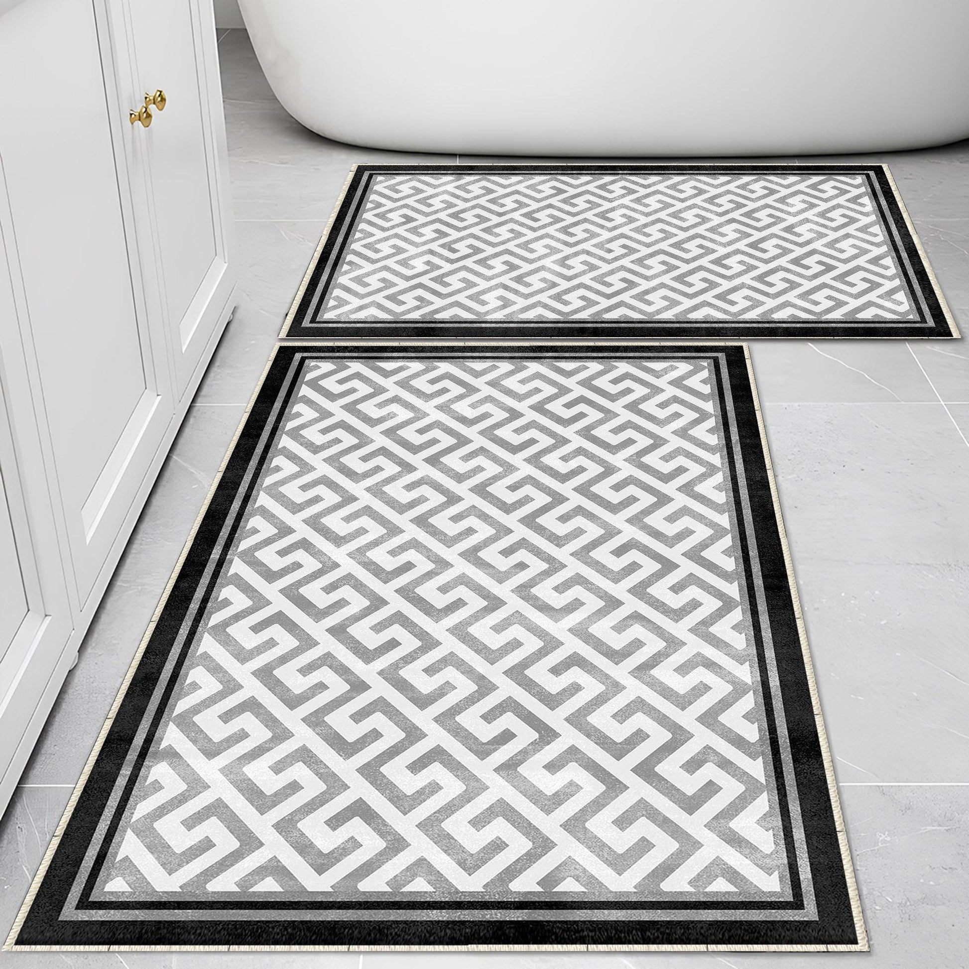 Black Border Gray Greek Key Bathroom Rug, Geometic Non Slip Quick Dry Bath Mat - Geometric Toilet Mat, Soft Washable Modern Decor