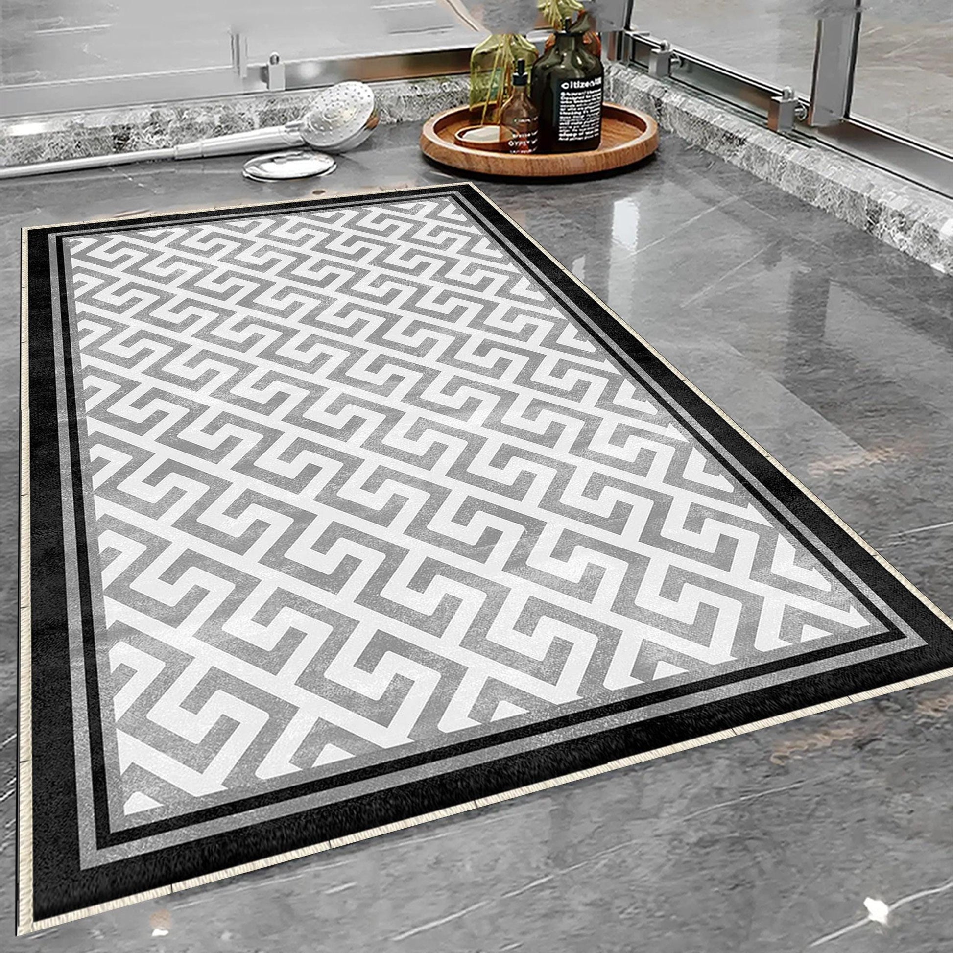 Black Border Gray Greek Key Bathroom Rug, Geometic Non Slip Quick Dry Bath Mat - Geometric Toilet Mat, Soft Washable Modern Decor