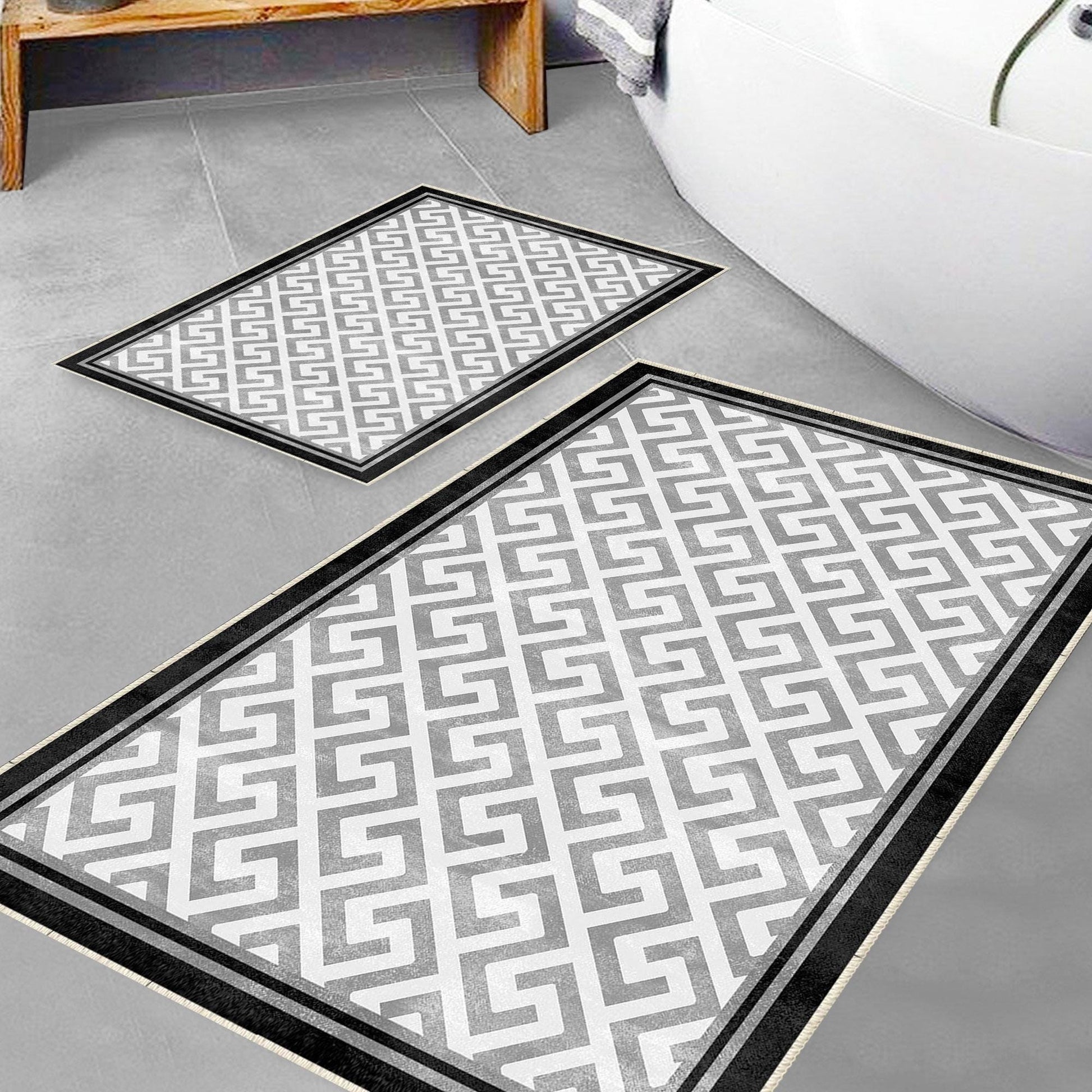 Black Border Gray Greek Key Bathroom Rug, Geometic Non Slip Quick Dry Bath Mat - Geometric Toilet Mat, Soft Washable Modern Decor