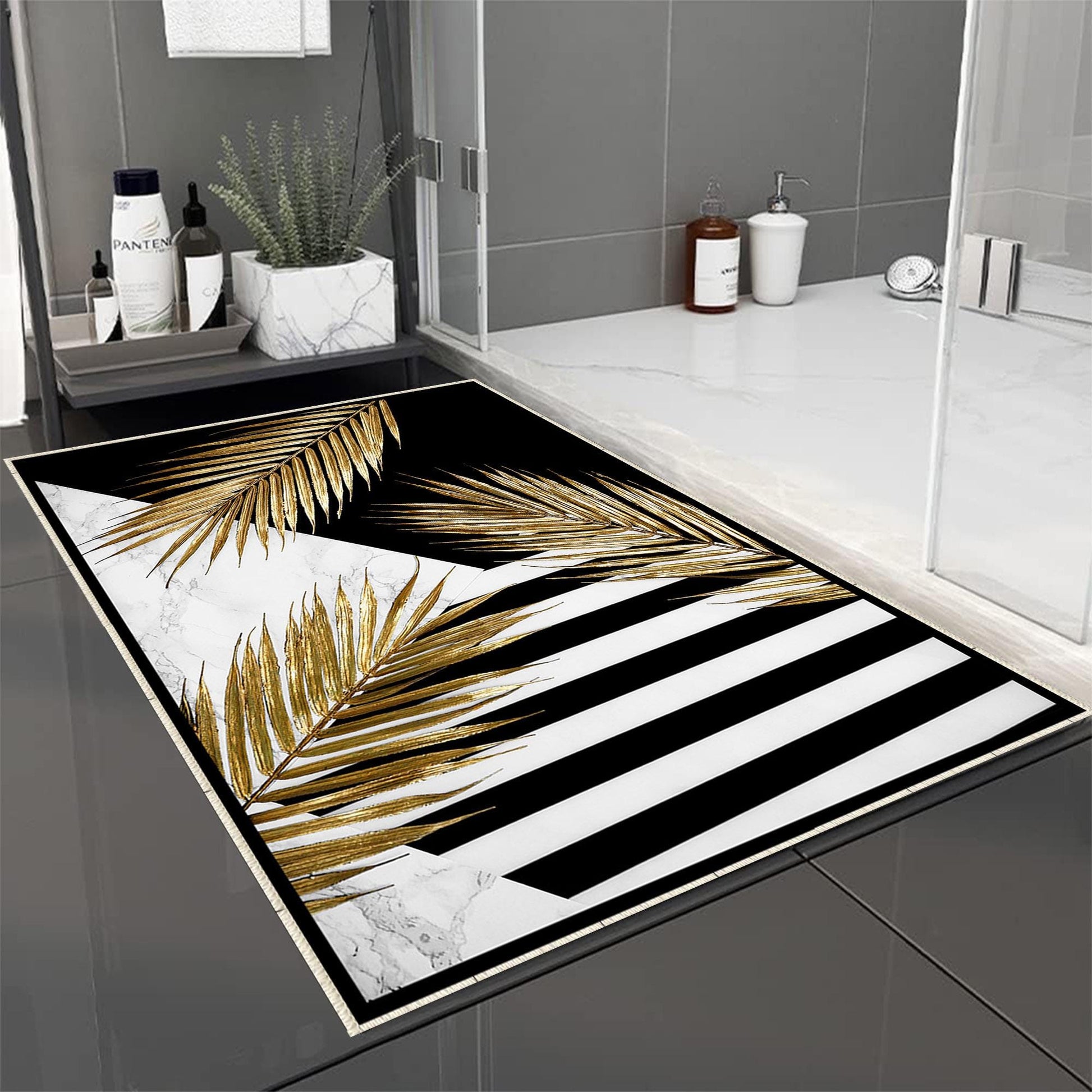 Golden Floral Black White Bathroom Rug, Geometic Non Slip Quick Dry Bath Mat - Geometric Toilet Mat, Soft Washable Modern Decor