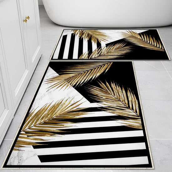 Golden Floral Black White Bathroom Rug, Geometic Non Slip Quick Dry Bath Mat - Geometric Toilet Mat, Soft Washable Modern Decor